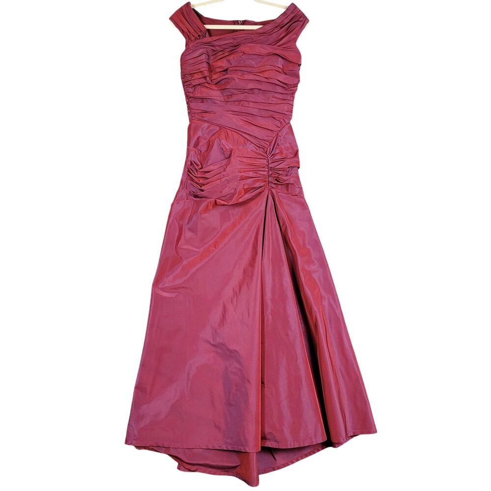 TADASHI Red Asymmetric Ruched Silk Taffeta Formal Mermaid Evening Gown SIZE 6 8